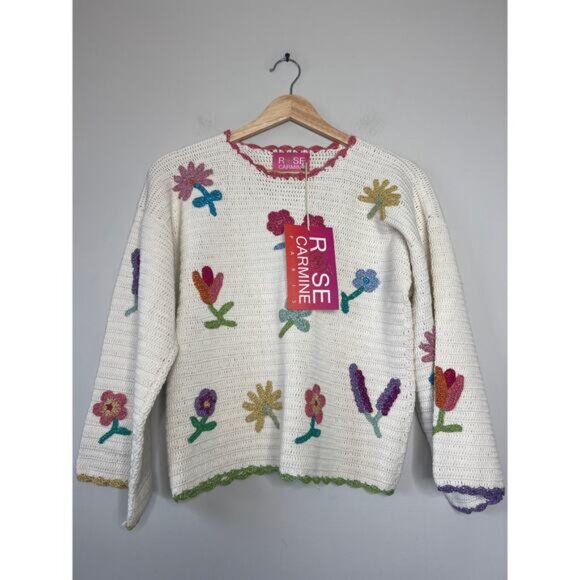 NWT Rose Carmine Sweater Bloom Scalloped Crochet Embroidered Top Cream Size: 2 - Picture 2 of 7